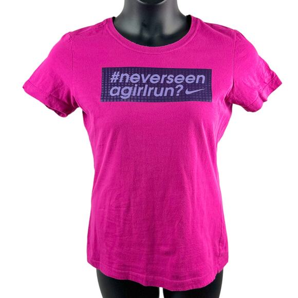 Nike purple slim fit athletic top Never seen a girl run activewear t-shirt SZ LG - Picture 1 of 3